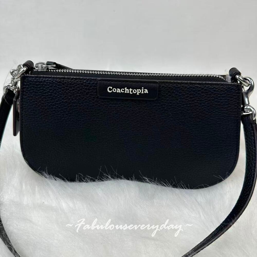 COACH Small Wavy Shoulder Bag In Coachtopia Leather Silver Black Dust Bag - Picture 3 of 8